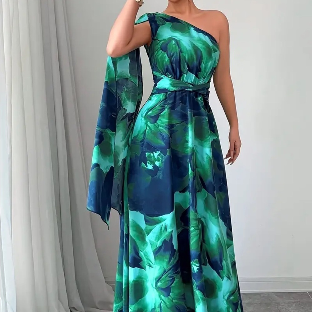 Elegant One-Shoulder Green and Blue Maxi Dress